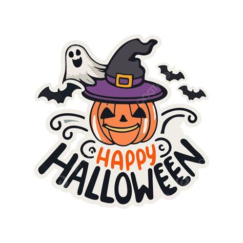 Happy Halloween Sticker Ghost Hat Bat Transparent Background Vector