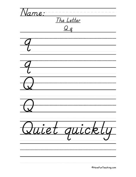 Letter Q Dnealian Style Handwriting Practice Worksheet Have Fun Teaching