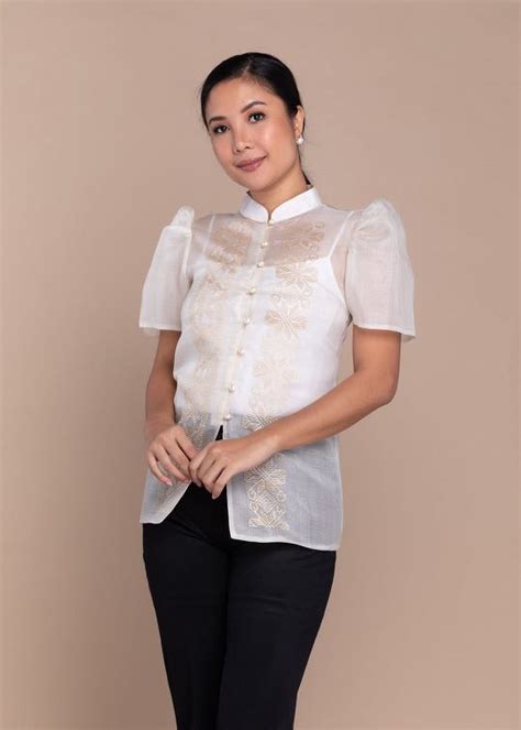 Modern Filipiniana Ladies Barong Tagalog Blouse In Mestiza Sleeves