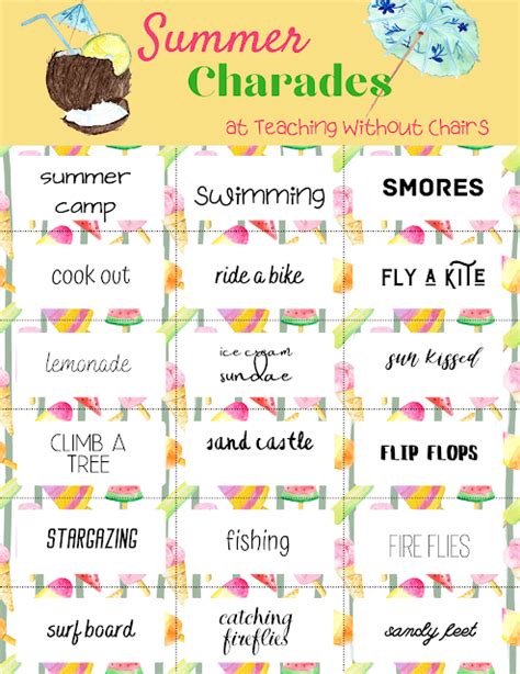 Summer Charades Cards Free Game Teaching Without Chairs