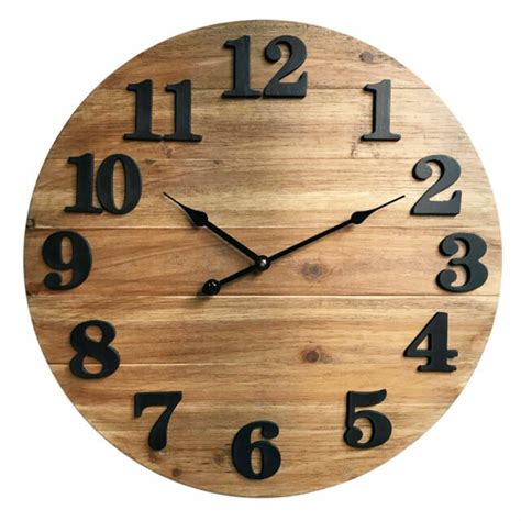 Wood Planks Clock Natural Stain Finish Large Black Raised Numbers Metal