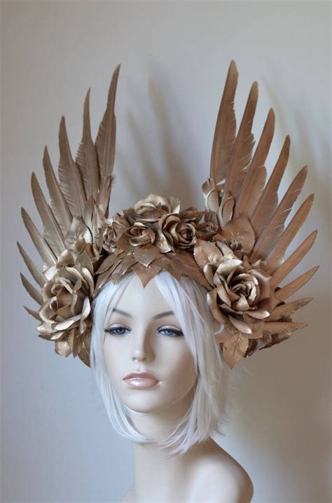 Victory Rose Headdress Made To Order Gold Wings Roses Etsy Fantasy Costumes Headdress