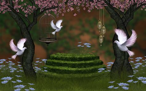 Beautiful Nature Wallpaper For Desktop In 3d With Pigeons And Cherry Blossoms Hd Wallpapers