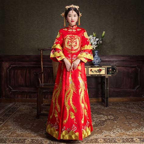 Red Gold Phoenix Embroidery Dresses Female Traditional Chinese Dress Women Long Sleeve Cheongsam