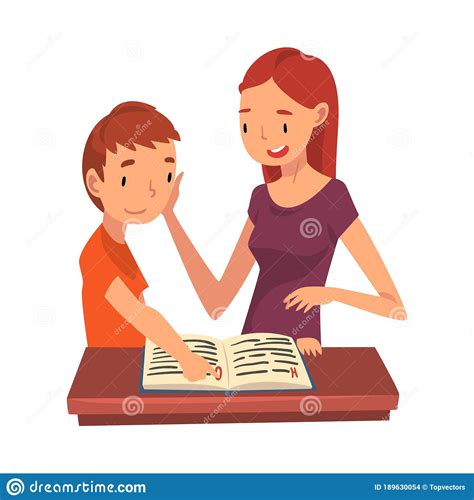 Mother Teaching Little Boy To Brush His Teeth Vector Illustration