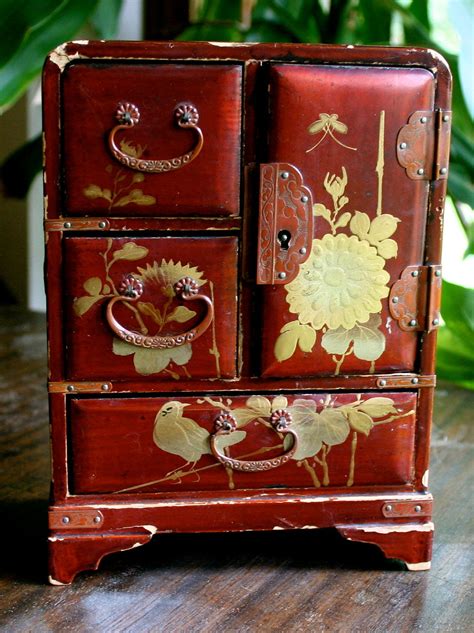 Vintage Wooden Japanese Jewelry Box With Gold Detail Custom Wooden