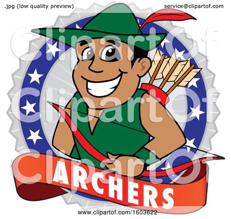 Clipart Of A Male Archer School Mascot Character In A Badge With A