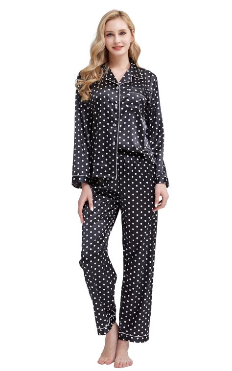 Womens Silk Satin Pajama Set Long Sleeve Black And White Polka Dot