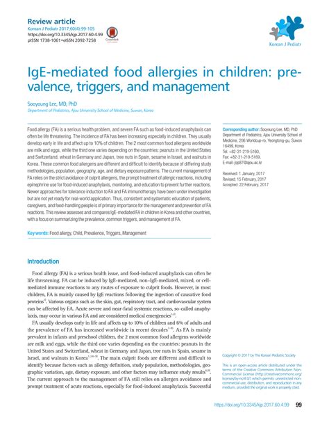 Pdf Ige Mediated Food Allergies In Children Prevalence Triggers