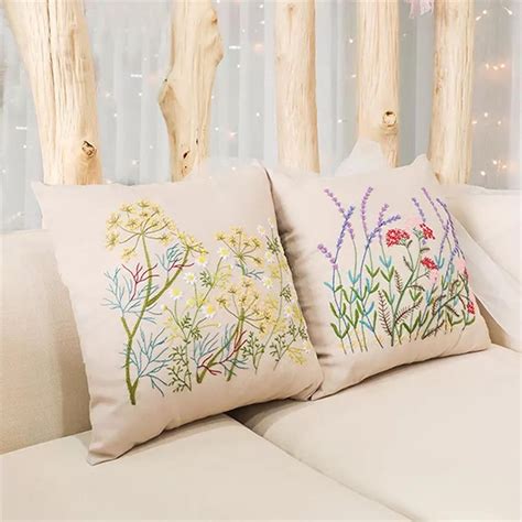 Floral Cushion Cover Diy Embroidery Kit Printed Pattern Linen Etsy