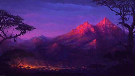 Wallpaper Trees Colorful Fantasy Art Sunset Night
