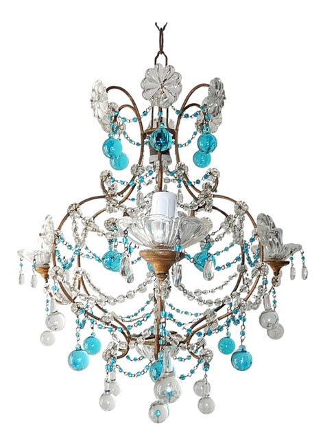 1920s French Blue Clear Murano Drops Crystal Giltwood Chandelier