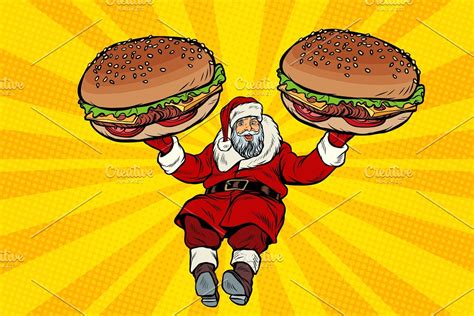 Santa Claus With Two Burgers Fast Food Delivery T Creative Daddy