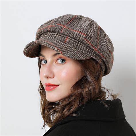 Women Octagonal Hats For Winter Female Cotton Hats Plaid Vintage