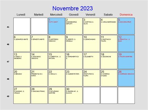 Calendario Novembre 2023 Con Festività E Fasi Lunari