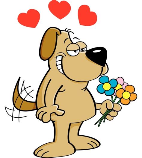 Cartoon Illustration Of A Dog In Love Holding Flowers Royalty Free