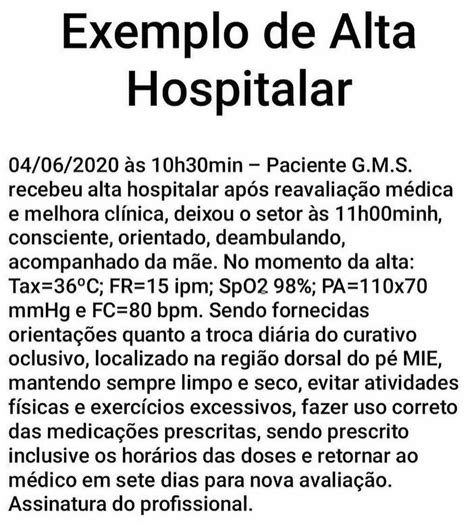 Exemplo De Alta Hospitalar Enfermagem