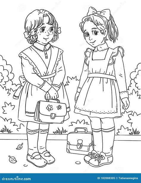 Coloring Page With Two Little School Girls Stock Illustration