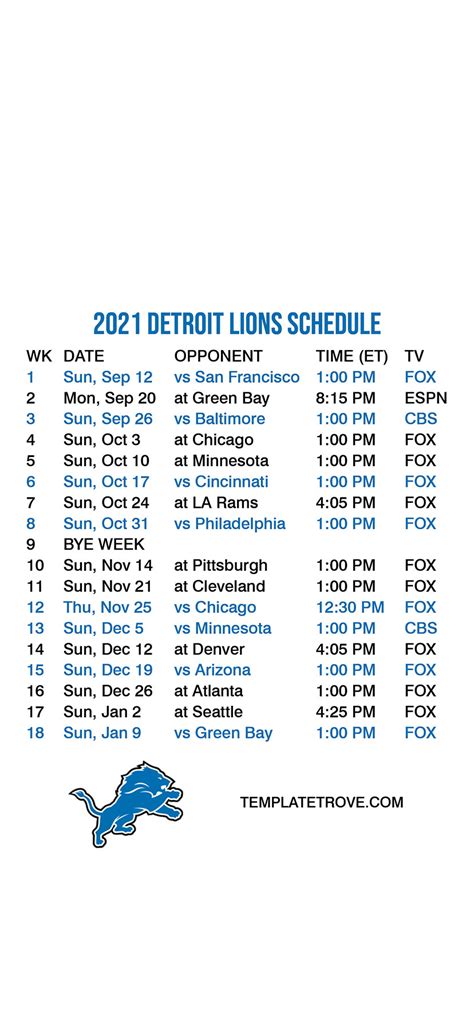Detroit Lions Printable Schedule 2022 Printable World Holiday