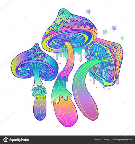 Magic Mushrooms Psychedelic Hallucination Vibrant Vector Illustration 60s Hippie Colorful Art
