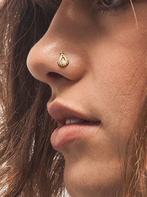 Gold Nose Stud Solid 14k Yellow Gold Nostril Pin Nose Ring Etsy