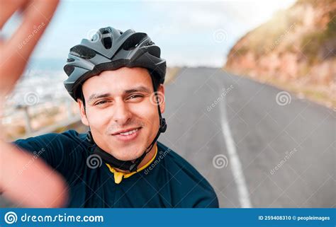 Selfie Fitness And Man Cycling In The Road On The Mountains In