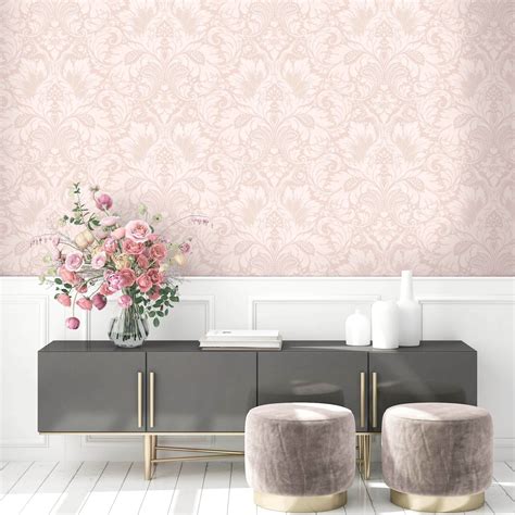 Damask Wallpaper By Woodchip & Magnolia | Damask wallpaper, Pink wallpaper bedroom, Pink damask ...