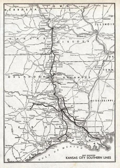 1940 Antique Kansas City Southern Railroad Map Vintage Railway Map 9583