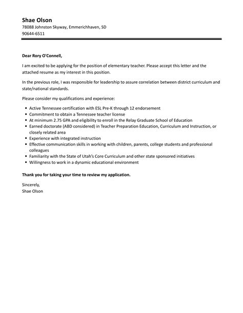 Elementary Teacher Cover Letter Velvet Jobs