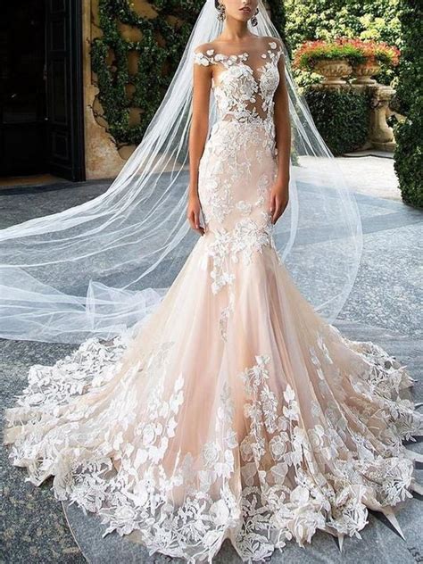 blush pink lace applique backless mermaid wedding dresses ab1501 alinebridal