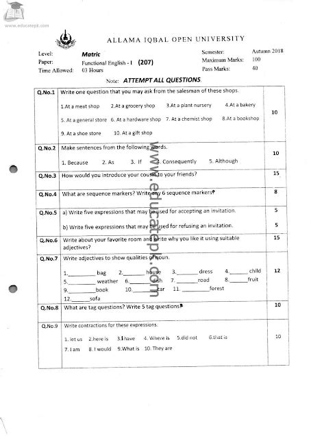 Aiou Past Papers Matric Code 207 English I Download Free