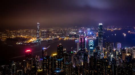 Wallpaper Hong Kong City Night View Skyscrapers Lights Sea