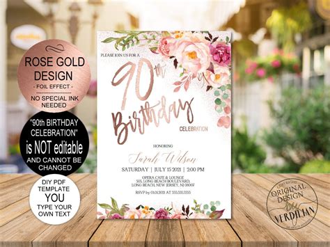 Diy 90th Birthday Invitation Template Blush Rose Gold Floral Etsy