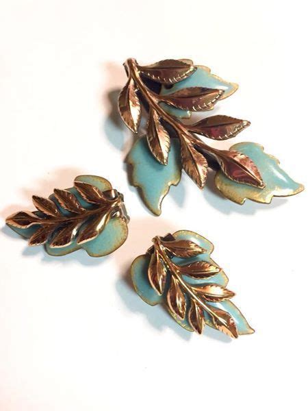 Vintage Matisse Renoir Enameled Copper Leaf Brooch And Earrings Set