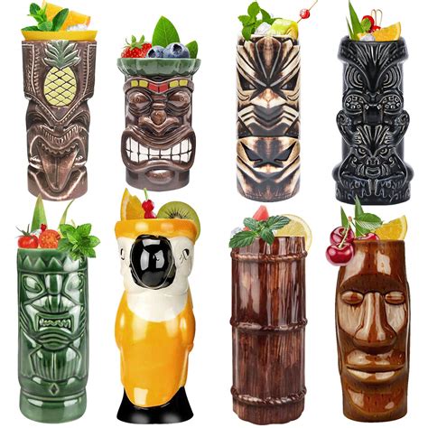 Buy Tiki Mugs Cocktail Set Of 8 Ceramic Tiki Mugs Hawaiian Party Cute Exotic Cocktail Glasses