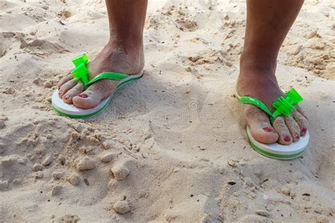Female Feet In Sandals On A Sandy Sea Beach Stock Image Image Of Flop