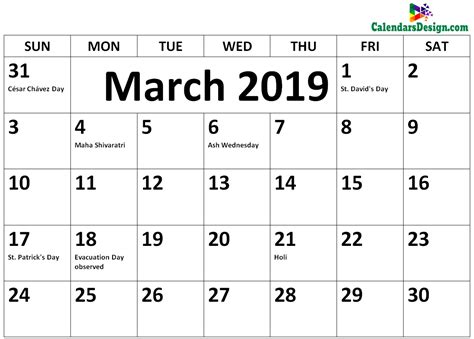 March 2019 Calendar Holidays