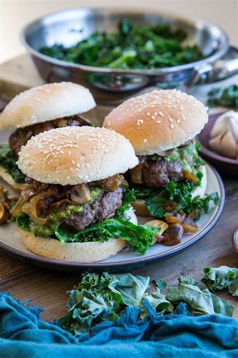 This is the classic mushroom and onion burger, with a little something extra. Pesto Burgers with Caramelized Onions and Mushrooms - a ...