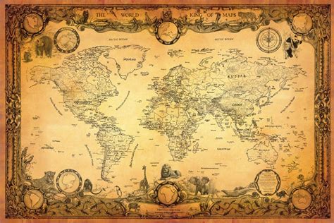 New Antique Style World Map Vintage Map Globe Atlas Old World