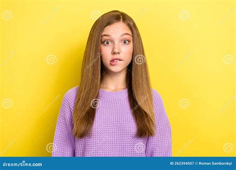 Photo Of Worried Afraid Scared Lady Teeth Lips Dressed Violet Comfort Stylish Clothes Waiting
