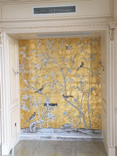 Chinoiserie Panel Hand Painted Wallpaper On Silver Metallic Accept