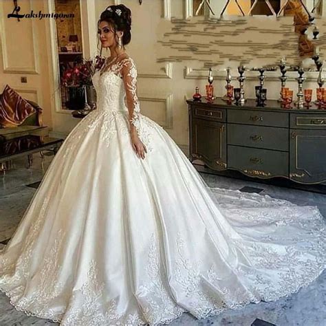 Luxury Long Sleeve Muslim Satin Wedding Dress Ball Gown Roycebridal Official Store