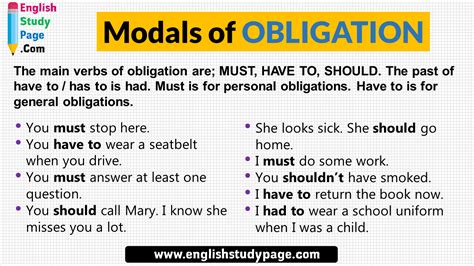 People who are under obligations may choose to freely act under obligations. Modals of OBLIGATION, Definition and Example Sentences - English Study Page