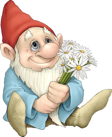 A Cartoon Gnome Holding A Bunch Of Daisies And Looking At The Camera