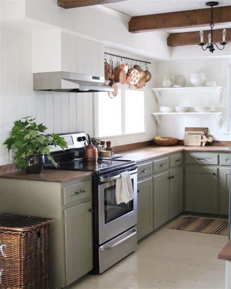 Wood Counter On Rustic Sage Green Kitchen Cabinets Soul And Lane