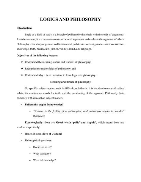 Logics And Philosophy Lecture Notes 1 Logics And Philosophy