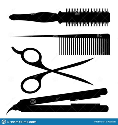 Silhouettes Of Barber Tools Round Comb Hairbrush Scissors And Hair