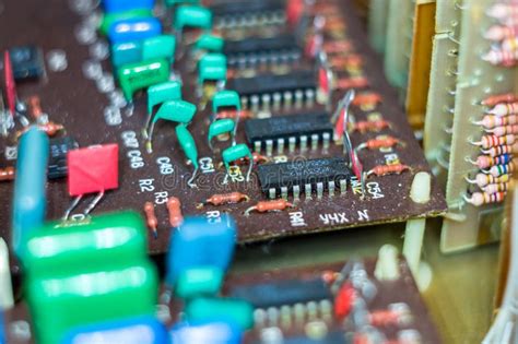 Vintage Electronic Circuit Boards With Radio Parts And Chips Close Up