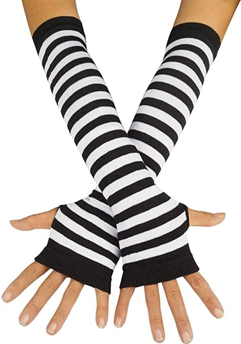 Striped Punk Gothic Rock Long Arm Warmer Fingerless Gloves Black White