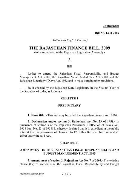 The Rajasthan Finance Bill 2009 Finance Department Government